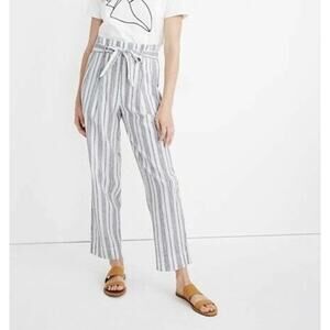 Madewell Linen Cotton Paperbag Pants Dark Baltic Stripe Women's 12 Coastal
